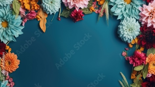 Flowers composition romantic. flowers, photo frame on pastel blue background. Valentine's Day, Easter, Birthday, Happy Women's Day, Mother's day. Flat lay, top view, copy space. Generative Ai © Kowit