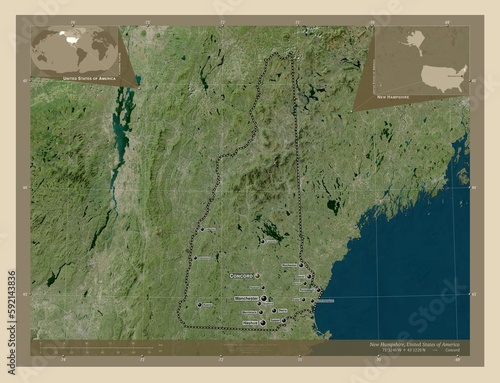 New Hampshire, United States of America. High-res satellite. Labelled points of cities photo