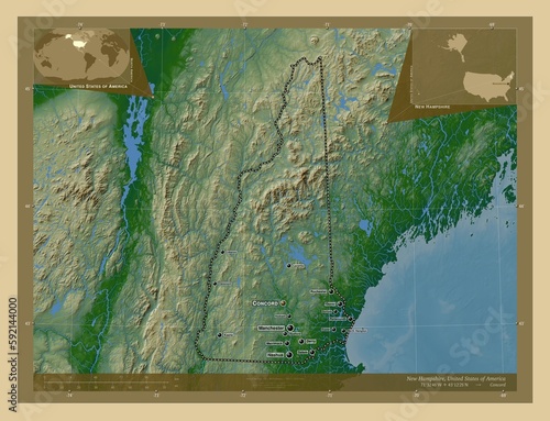 New Hampshire, United States of America. Physical. Labelled points of cities photo