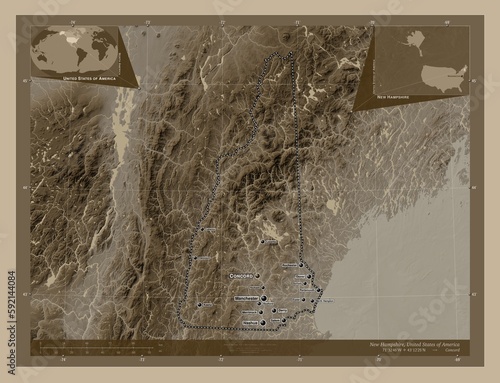 New Hampshire, United States of America. Sepia. Labelled points of cities photo
