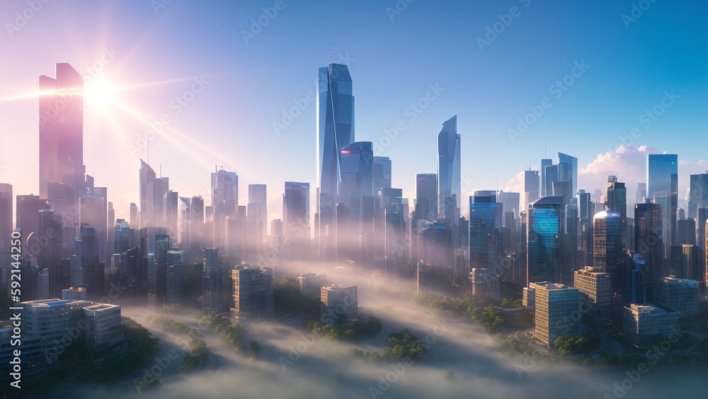 Fototapeta premium Futuristic Beautiful City with Skyscrapers and Fog AI Generative