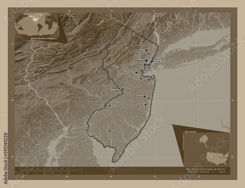 New Jersey, United States of America. Sepia. Labelled points of cities photo