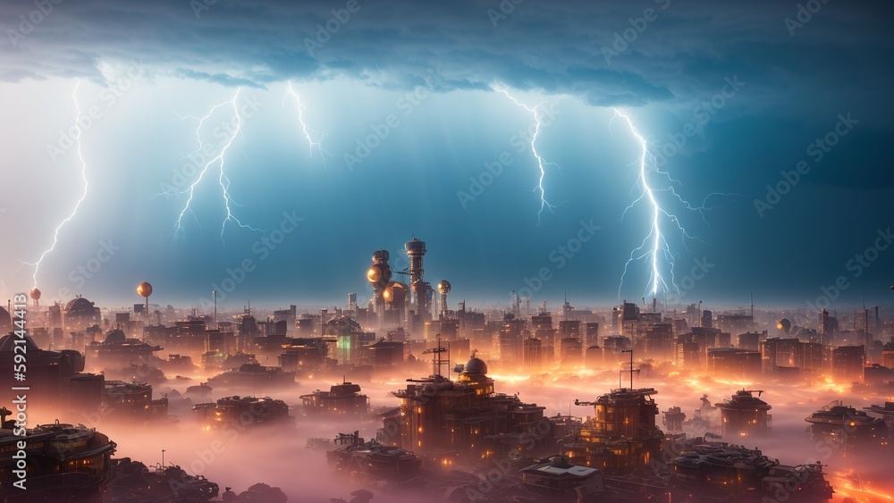 Futuristic Dark Dystopian Steam Punk City View with Lightning AI Generative