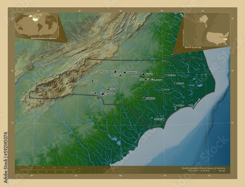 North Carolina, United States of America. Physical. Labelled points of cities photo