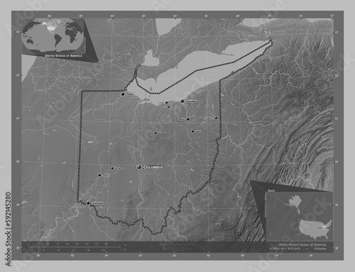 Ohio, United States of America. Grayscale. Labelled points of cities photo