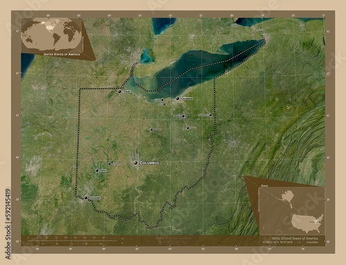 Ohio, United States of America. Low-res satellite. Labelled points of cities photo