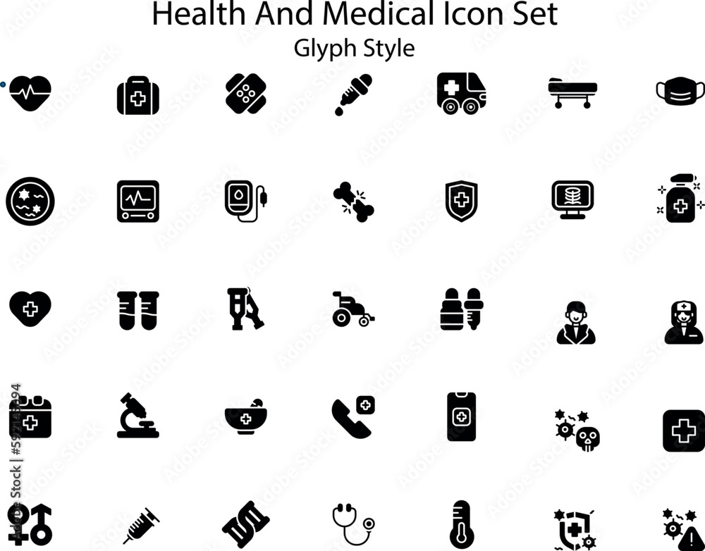 Health and medical icon set includes a variety of icons related to health, medicine, and medical care. The icons cover a range of concepts, including medical equipment, procedures, treatments Health and medical icon set includes a variety of icons related to health, medicine, and medical care. The icons cover a range of concepts, including medical equipment, procedures, treatments