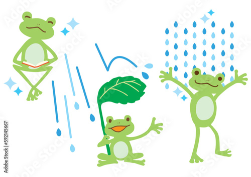 雨の日を楽しむカエルのベクターイラスト