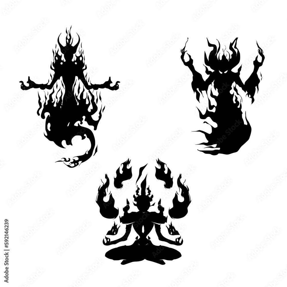 Black silhouette of a fire spirit A black and white icon of a flame ...