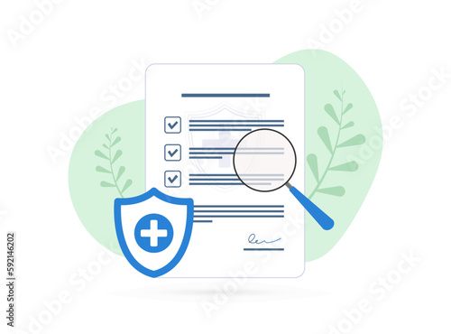 Medical Insurance Protection. Shield symbol with cross on clipboard representing patient protection concept. Secure medical coverage for peace of mind. Vector illustration isolated on white background
