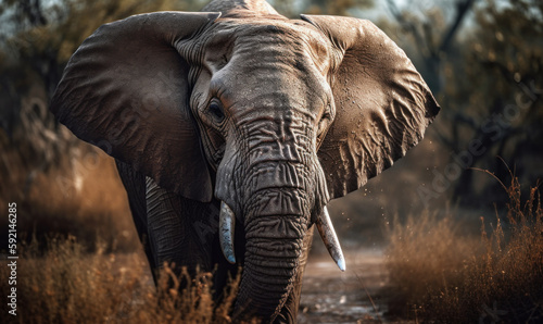 photo of African bush elephant in its natural habitat outdoors on African Savannah. Generative AI