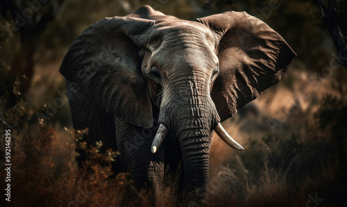photo of African bush elephant in its natural habitat outdoors on African Savannah. Generative AI © Bartek