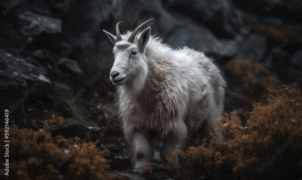 photo of Angora goat in its natural habitat outdoors. Generative AI photo of Angora goat in its natural habitat outdoors. Generative AI
