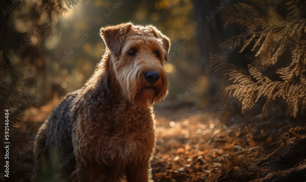 photo of Airedale terrier outdoors in the forest. Generative AI photo of Airedale terrier outdoors in the forest. Generative AI