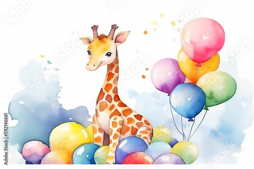 Happy Baby giraffe with balloons. Happy Birthday. Holiday concept, watercolor illustration. Generative AI.