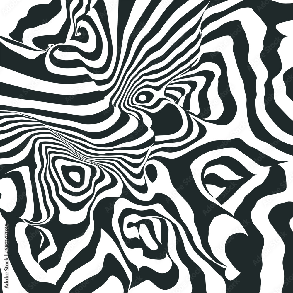 Black and white 3d line distortion illusion design. Geometric stripped pattern illustration art. Modern swirl curve cover. Vector monochrome background. Black and white 3d line distortion illusion design. Geometric stripped pattern illustration art. Modern swirl curve cover. Vector monochrome background.