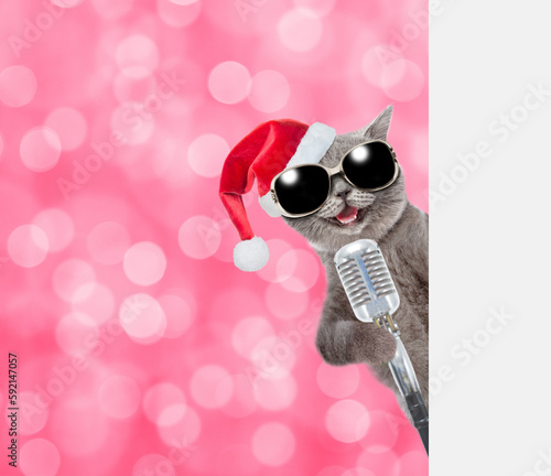 Happy cat wearing red christmas hat holds microphone behind empty white banner with festive background. Shade trendy color of the year 2023 - Viva Magenta background. Empty space for text © Ermolaev Alexandr
