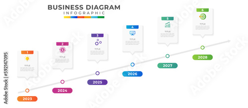 6 Steps Timeline diagram calendar with progress arrows, Presentation and business vector infographic template.