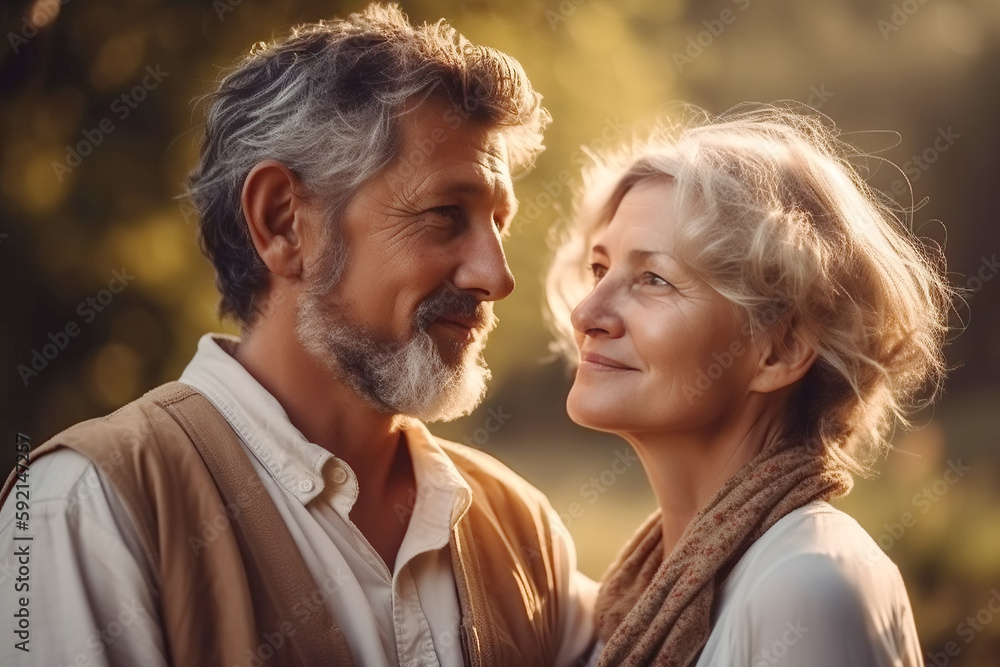 middle-aged couple in love embraces in summer in nature in field at sunset. Generative AI middle-aged couple in love embraces in summer in nature in field at sunset. Generative AI