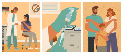 Covid vaccination vector posters set. Nurse giving vaccine injection shot to patient in hospital. Hands hold syringe and vaccine. Happy family just got vaccine jab
