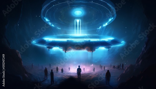 image of an illuminated UFO spaceship surrounded by a group of humans, as a blue light portal glows beneath it. Generative ai