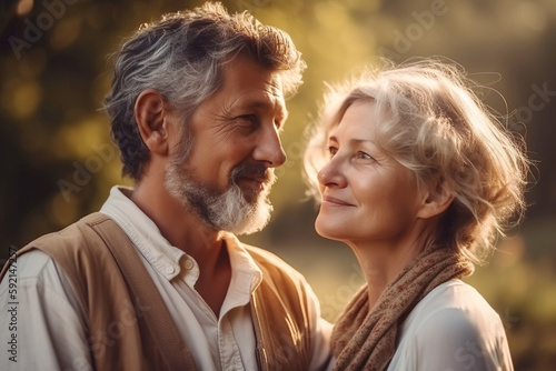 middle-aged couple in love embraces in summer in nature in field at sunset. Generative AI