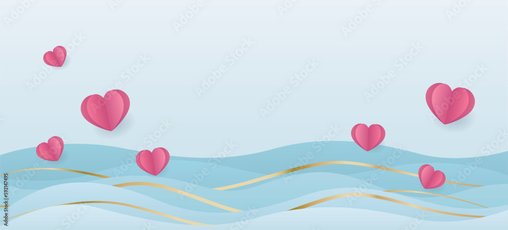 The paper art of the pink heart-shaped flying on the blue ocean waves, and the golden luxurious curves. Suitable for love, Valentine's Day, Mother's Day, wedding background.
