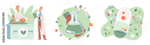 Homeopathy and herbal remedies set. Medical research laboratory diagnostics. Homeopathic treatment and phytotherapy. Traditional herb recipes of alternative medicine. Medicine pharmacy. Herbal pills