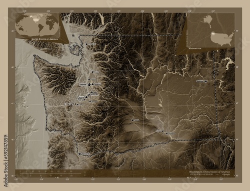 Washington, United States of America. Sepia. Labelled points of cities photo