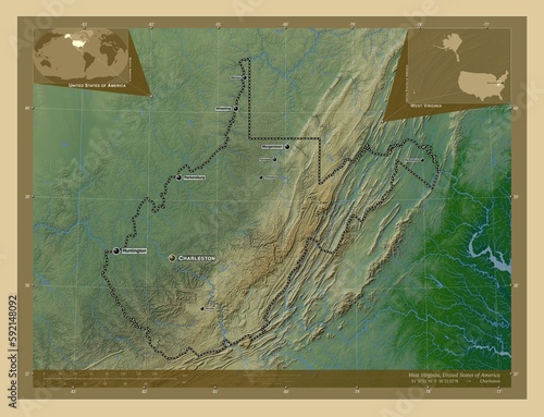 West Virginia, United States of America. Physical. Labelled points of cities photo