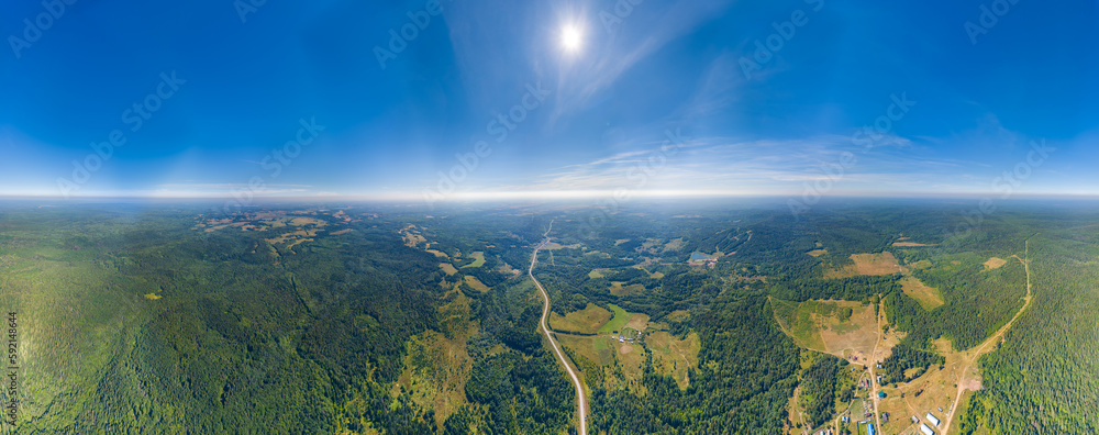 Russia, Perm region. Panoramic aerial view of the forests and fields of ...