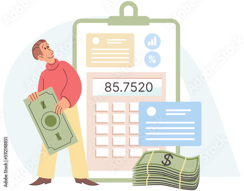 Calculating and planning budget, management of personal finance. Man stands near stack of money and calculator. Person analyzing business profit report, financial bill. Counting income and expenses