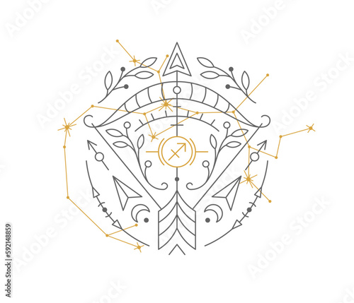 Sagittarius astrological symbol with Zodiac constellation, connected stars. Archer astrology horoscope sign and stars on white background thin line vector illustration