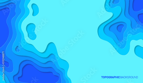 Paper cut topography relief imitation, multi layers blue colors texture. Abstract water flowing liquid texture art design, origami paper cut layer smooth shape banner vector illustration
