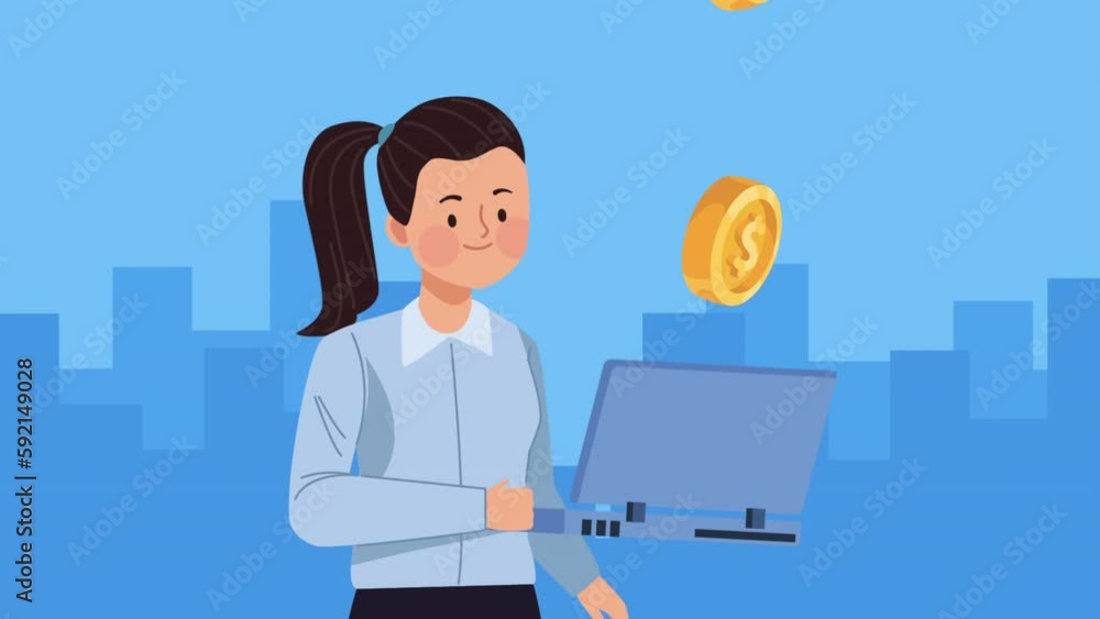 elegant businesswoman using laptop animation elegant businesswoman using laptop animation