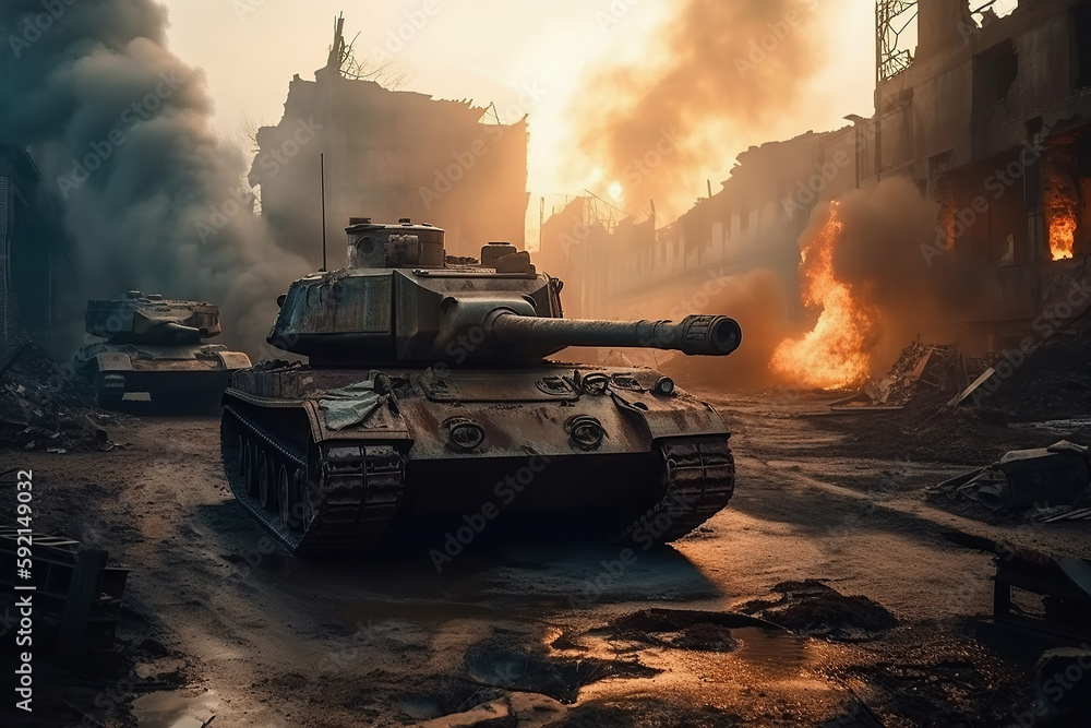 Fototapeta premium tank at war on battlefield in ruined city in ruins. Generative AI illustration