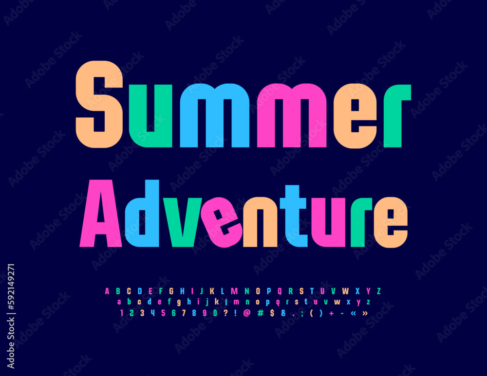 Vector colorful poster Summer Adventure with trendy Font. Set of bright Alphabet Letters, Numbers and Symbols