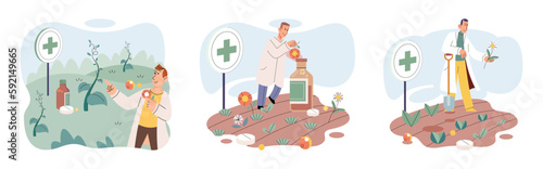 Herbal oils natural medicines. Scientist or doctor making alternative medicine herb, mortar, laboratory glassware plant in tube, flower. Doctor checking medicinal herbs. Herbal medicine. Drug research