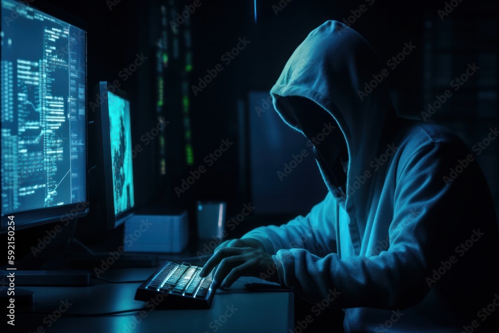 フードをかぶったハッカーがたくさんのモニターがあるサイバー部屋でハッキングをしている フードをかぶったハッカーがたくさんのモニターがあるサイバー部屋でハッキングをしている