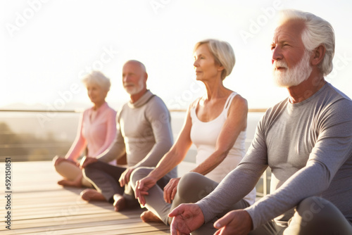 Strong and flexible: mature yoga enthusiasts hit the gym deck. Nature-inspired forms and bold colors emphasize joint health. Generative AI