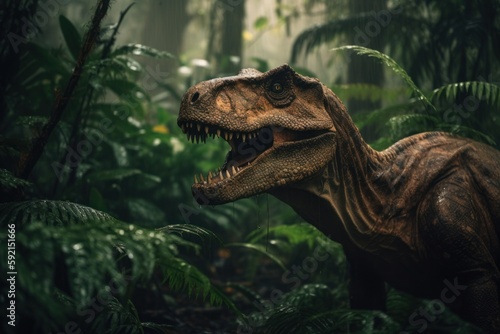 Dinosaur in the rainforest. Cretaceous period animal. Generative AI