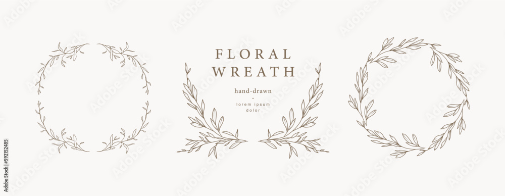 Hand drawn floral frames, wreaths with flowers, branches and leaves. Elegant logo template. vector illustration for label, branding business identity, wedding invitation Hand drawn floral frames, wreaths with flowers, branches and leaves. Elegant logo template. vector illustration for label, branding business identity, wedding invitation