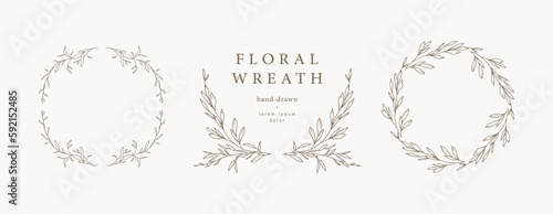 Hand drawn floral frames, wreaths with flowers, branches and leaves. Elegant logo template. vector illustration for label, branding business identity, wedding invitation