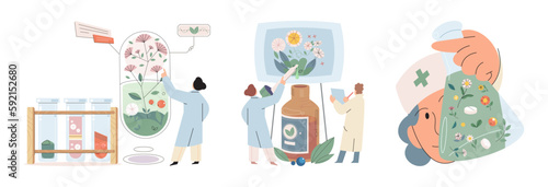 Homeopathy and herbal remedies set. Medical research laboratory diagnostics. Homeopathic treatment and phytotherapy. Traditional herb recipes of alternative medicine. Medicine pharmacy. Herbal pills