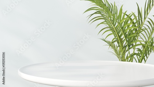 Empty white round table with green plant leaves, sunlight, leaf shadows on white wall background. Mockup for product presentation, organic cosmetic and food concept