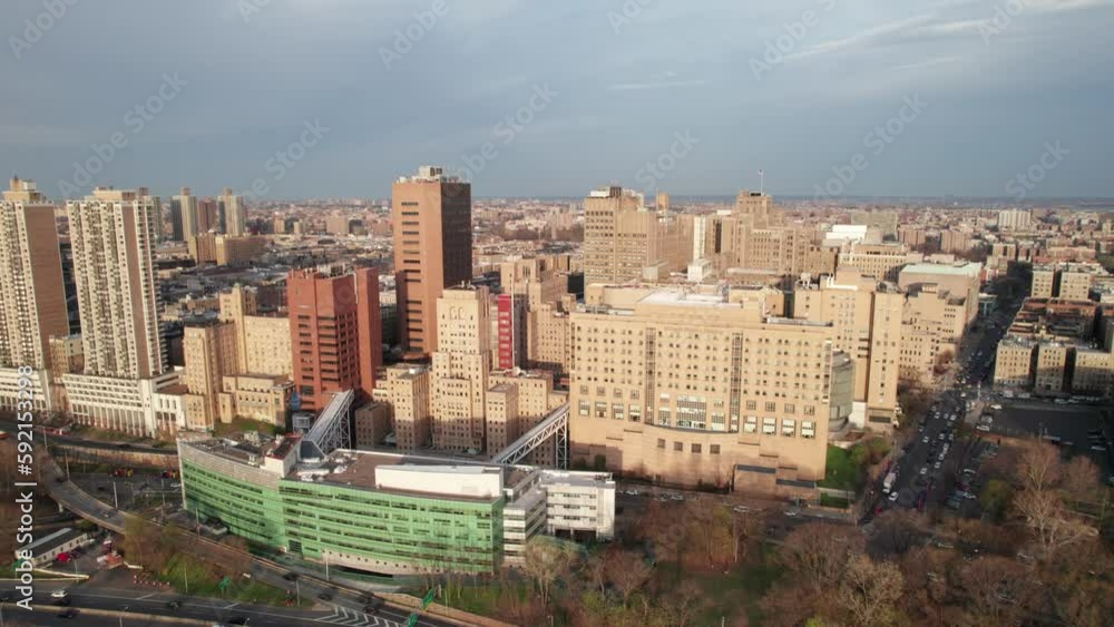Warm golden hour aerial of New York's Columbia Medical Center. Massive