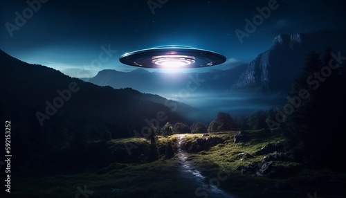 image of an illuminated UFO spaceship hovering over a mountainous landscape. Generative ai