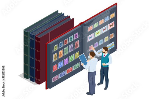 Isometric Philately and Marks Collection Concept. Old vintage collectible postage stamps albums and magnifying glass. Philately and stamp collection