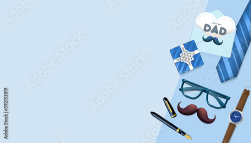 Happy Father's Day background with symbolic pattern, tie, watch, coffee, glasses, pen, for men, business related events