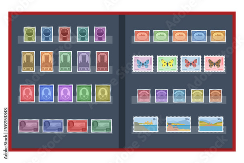 Isometric Philately and Marks Collection Concept. Old vintage collectible postage stamps albums and magnifying glass. Philately and stamp collection